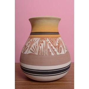 Navajo Hand Carved and Painted Ceramic Pot by KNHO 9"